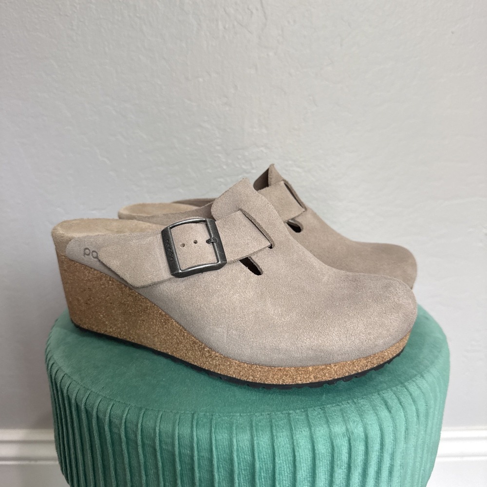 Papillio Birkenstock Fanny Wedge Clogs Mules Gray Beige Size EU38 US7 Worn Once